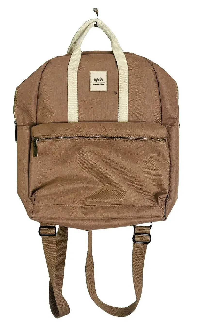Lefrik Vegan Recycled Backpack Tote Khaki 12” x 13” x 3” Eco-Friendly Adjustable
